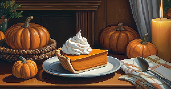 A rustic kitchen table with a slice of pumpkin pie, decorated with small pumpkins and autumn leaves in warm lighting.