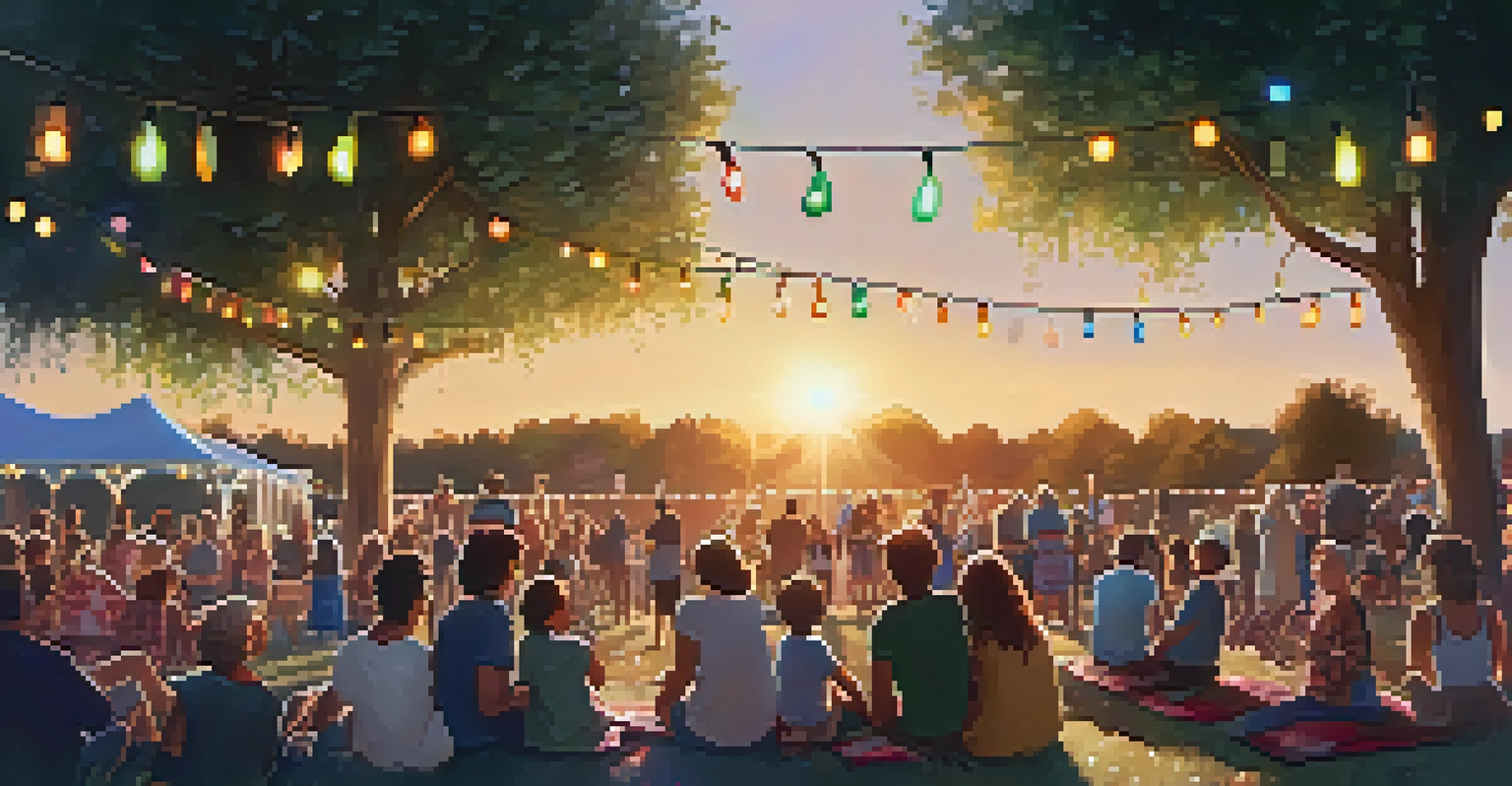 Families enjoying a live music performance at an outdoor festival during sunset.
