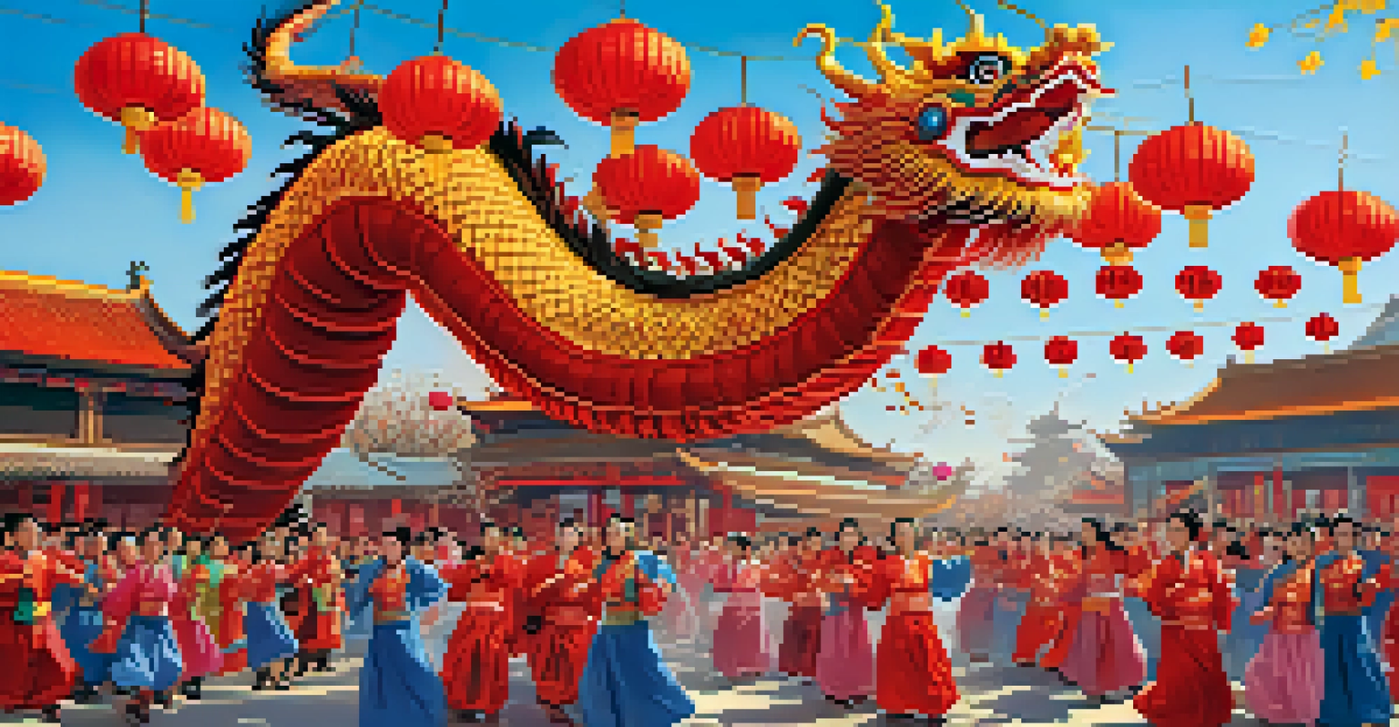A colorful Chinese New Year parade with a dragon dance and spectators enjoying the festivities under a clear sky.