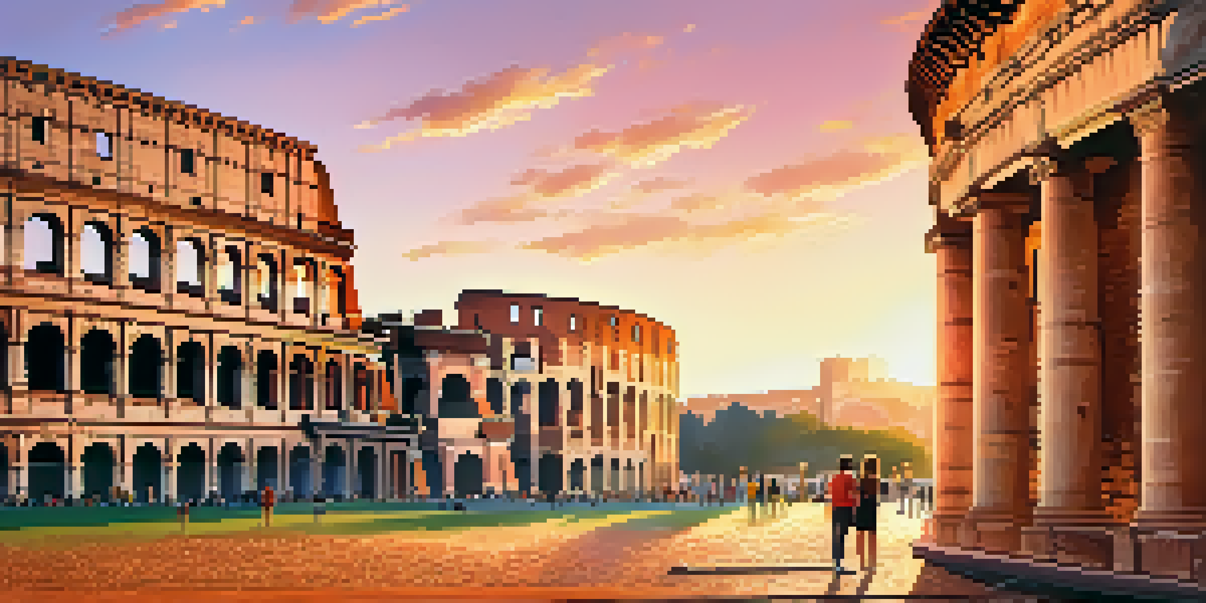 A scenic view of the Colosseum at sunset with tourists admiring its architecture.