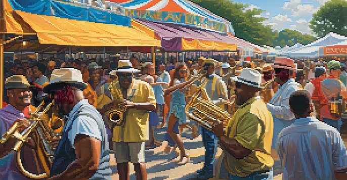 A lively festival scene with a crowd enjoying jazz music, colorful tents, and local cuisine.