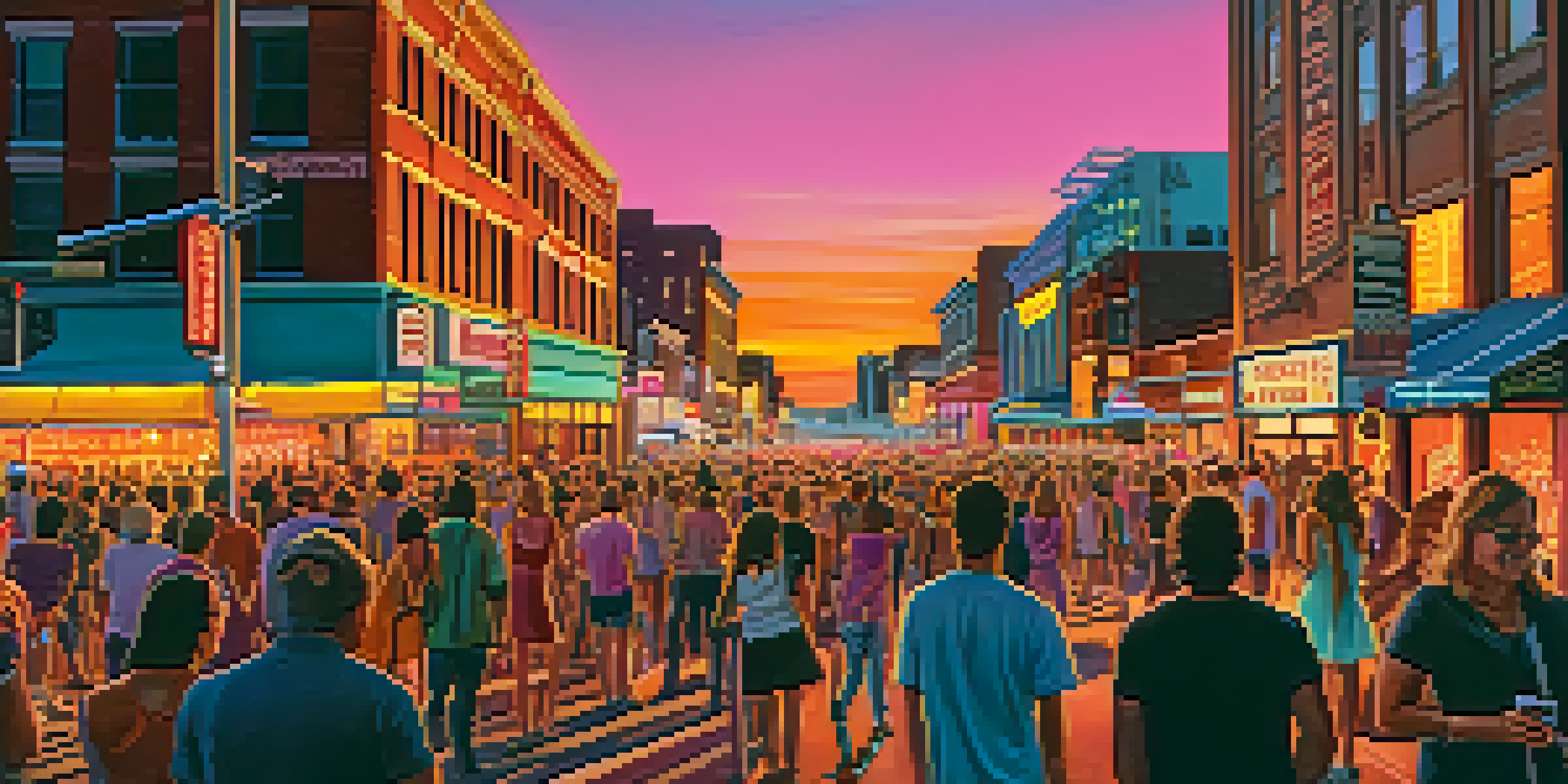 A lively street in Nashville during sunset, with neon lights and crowds enjoying live music.