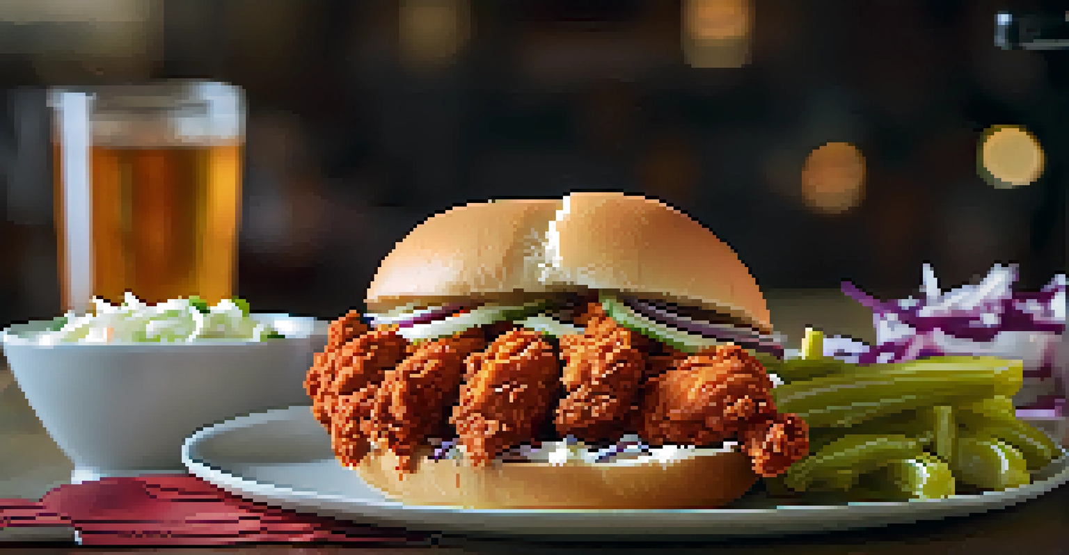 A close-up view of Nashville hot chicken served on a bun with pickles and coleslaw.