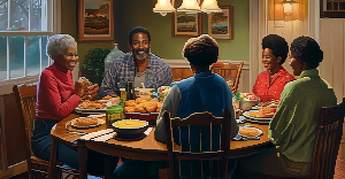 A warm family gathering in the South with elders sharing stories over a dinner table full of Southern food.