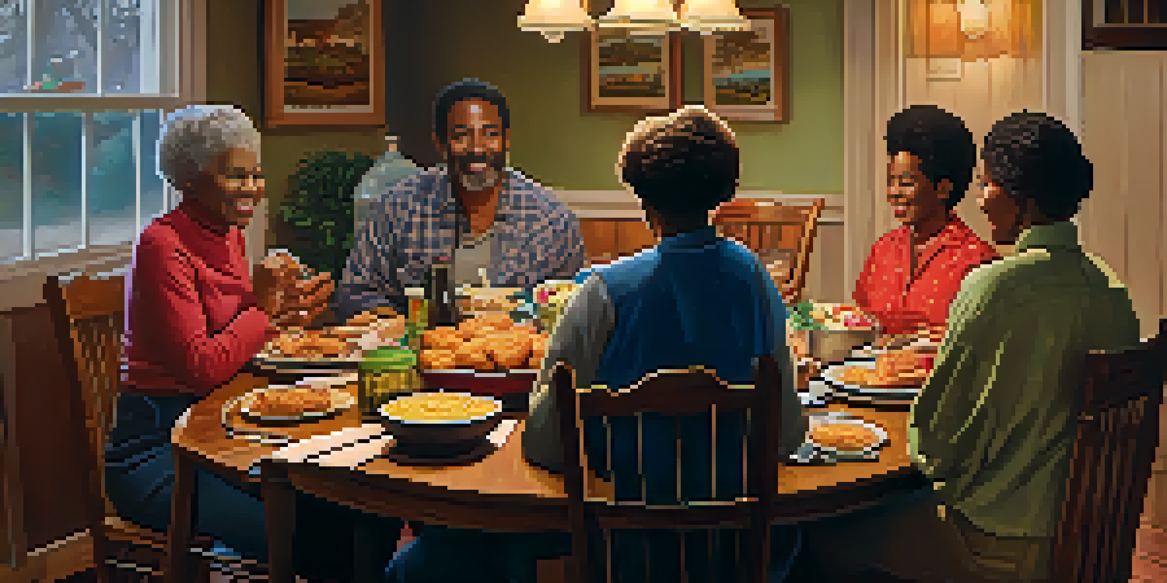 A warm family gathering in the South with elders sharing stories over a dinner table full of Southern food.