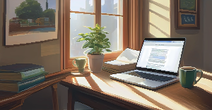 A cozy study area with a desk, laptop, books, plant, and coffee, illuminated by sunlight from a window.