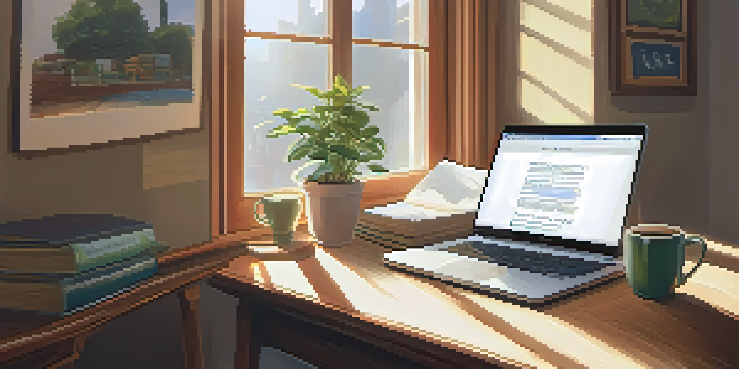 A cozy study area with a desk, laptop, books, plant, and coffee, illuminated by sunlight from a window.