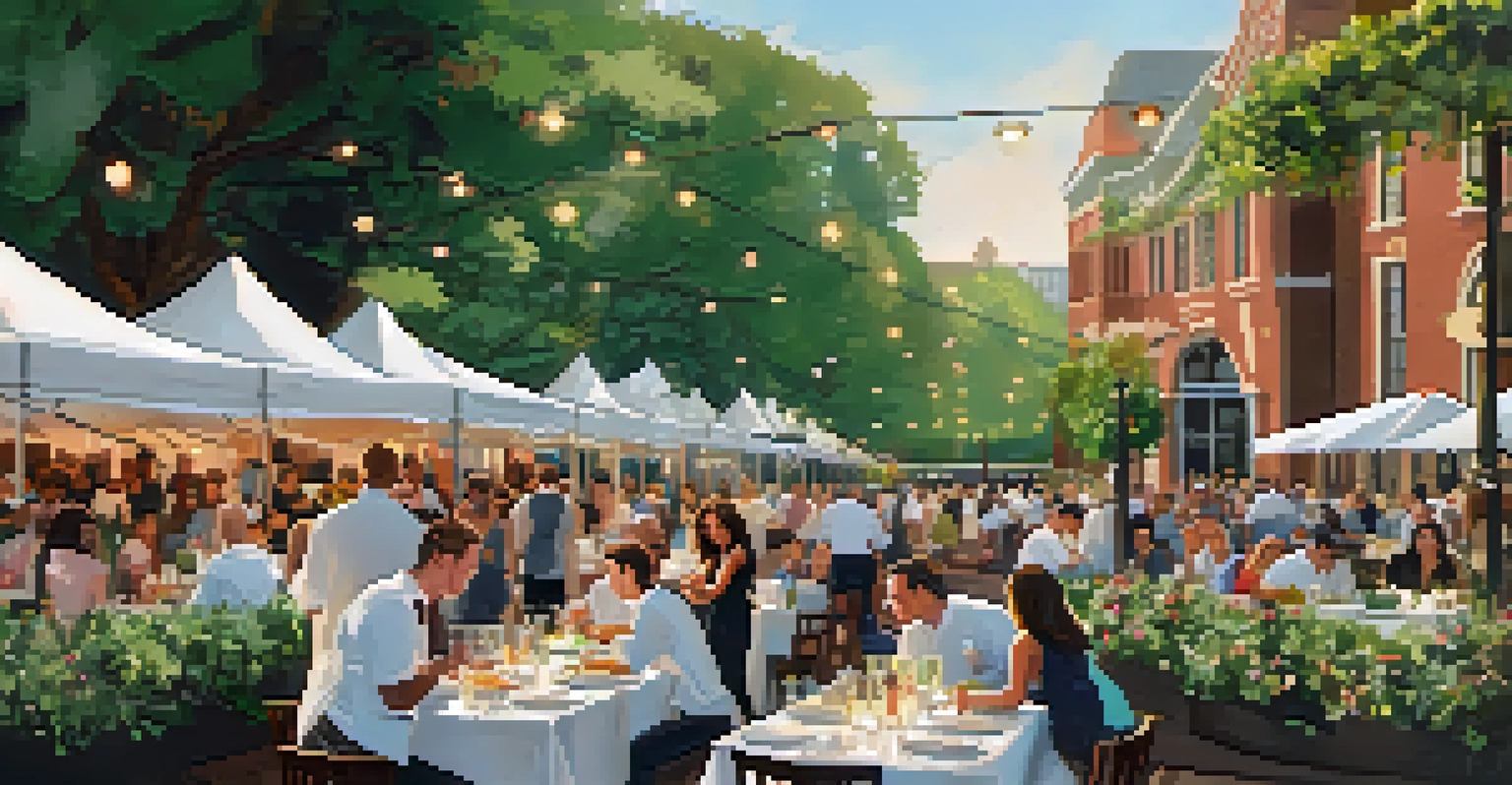 An outdoor dining scene at the Music City Food + Wine Festival with chefs preparing dishes and attendees sampling food, surrounded by greenery.