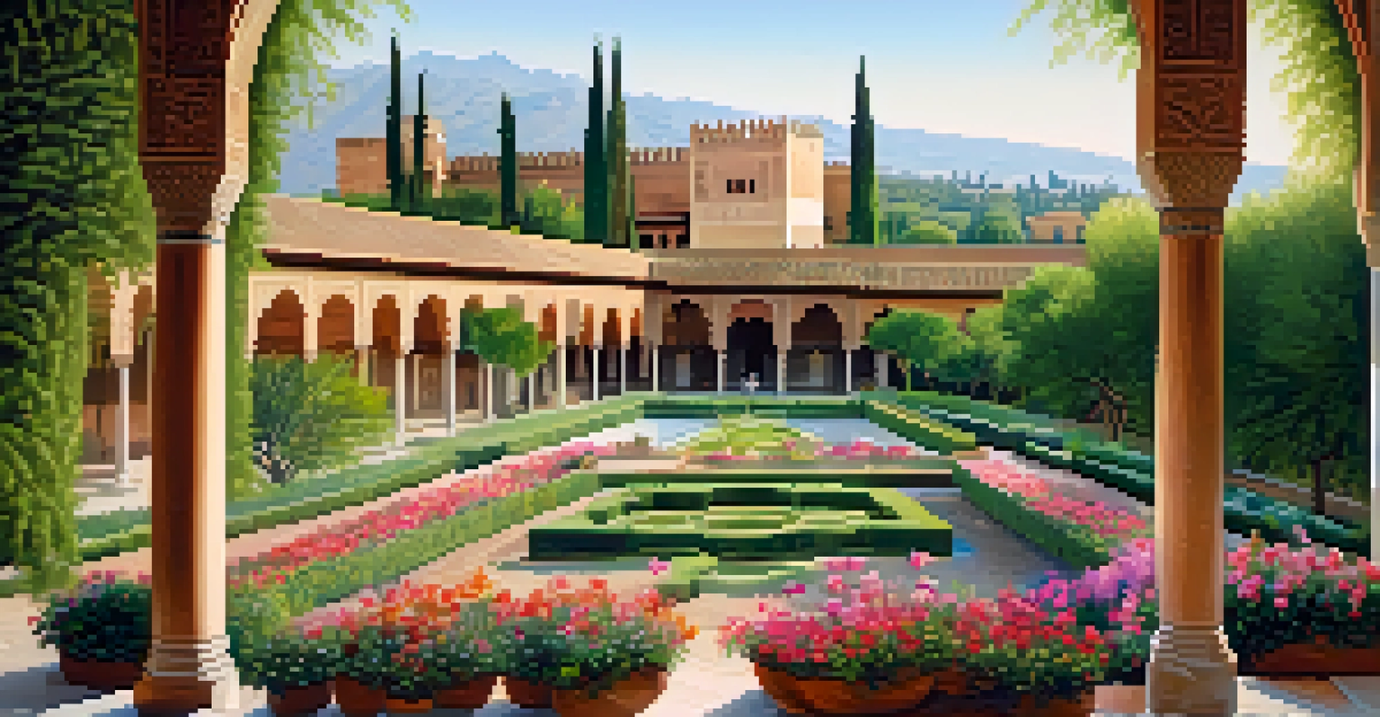 The Alhambra palace surrounded by gardens, featuring intricate architecture and blooming flowers.