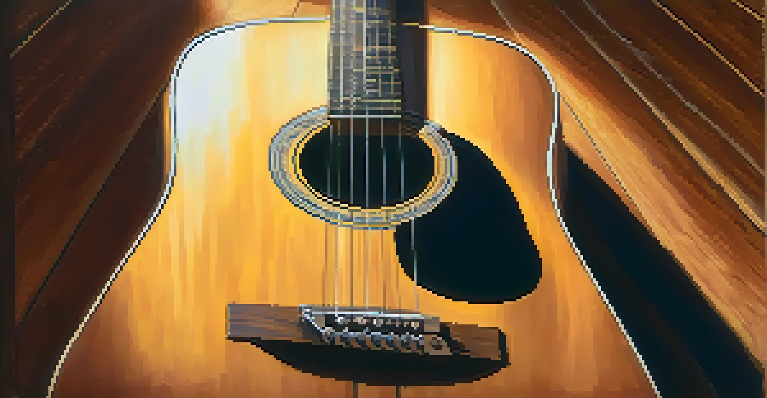 A close-up of an acoustic guitar on stage at the Ryman Auditorium, illuminated by warm stage lights.