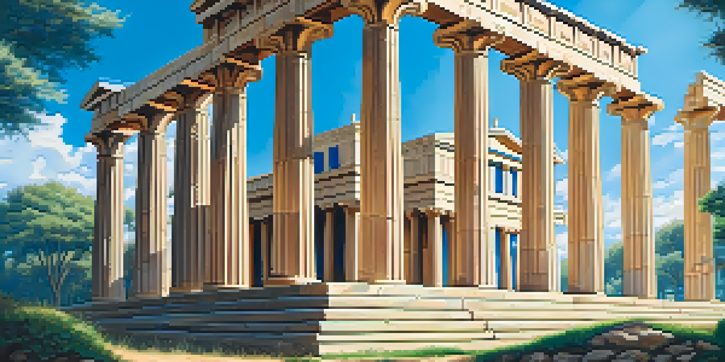 A photo of a Greek temple with tall columns surrounded by greenery and a blue sky.