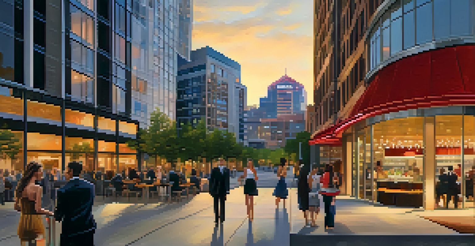 A luxurious view of The Gulch at dusk, highlighting modern buildings and a vibrant urban atmosphere.