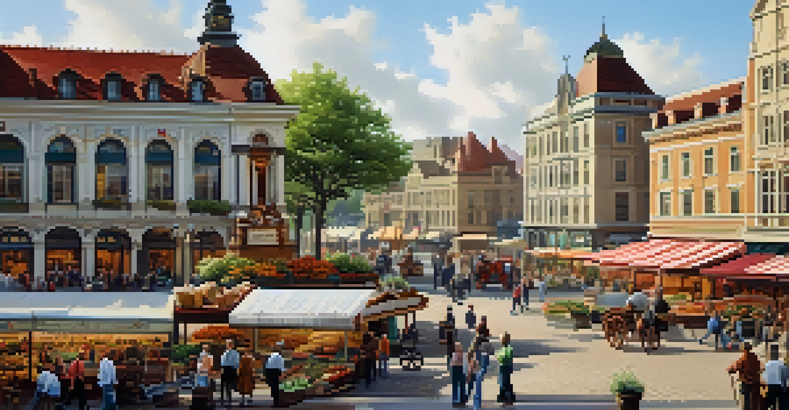 A photo of a historic town square with grand buildings and a bustling market.