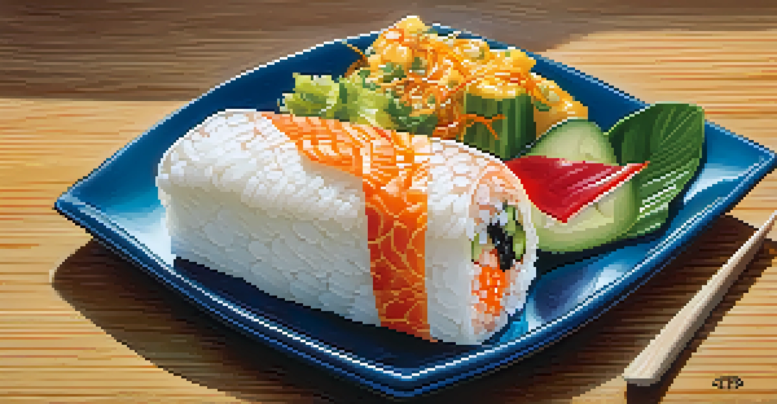 A beautifully plated sushi burrito on a wooden table, showcasing vibrant colors and fresh ingredients.