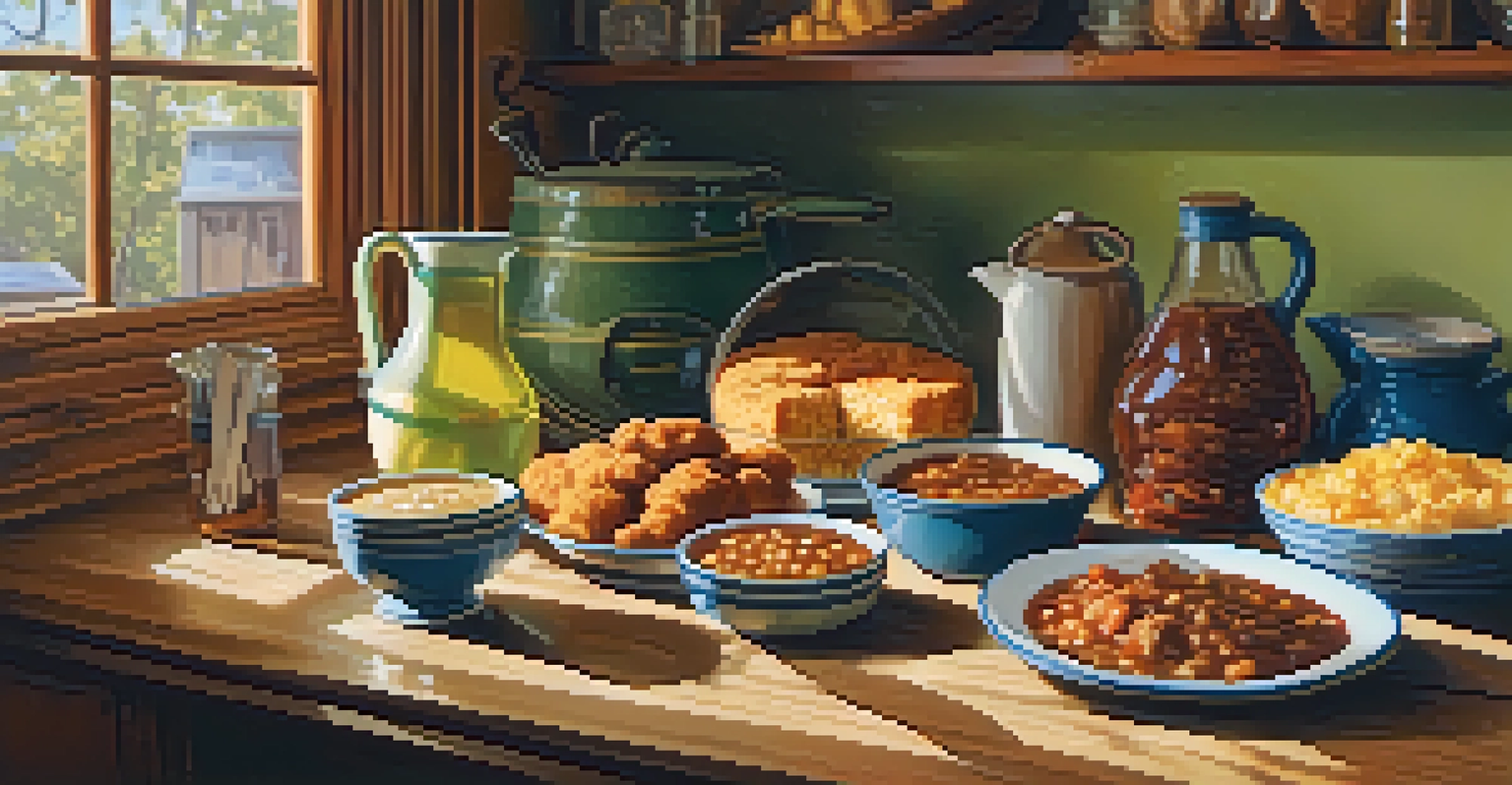 A Southern kitchen with a table full of traditional dishes, warmly lit by sunlight.
