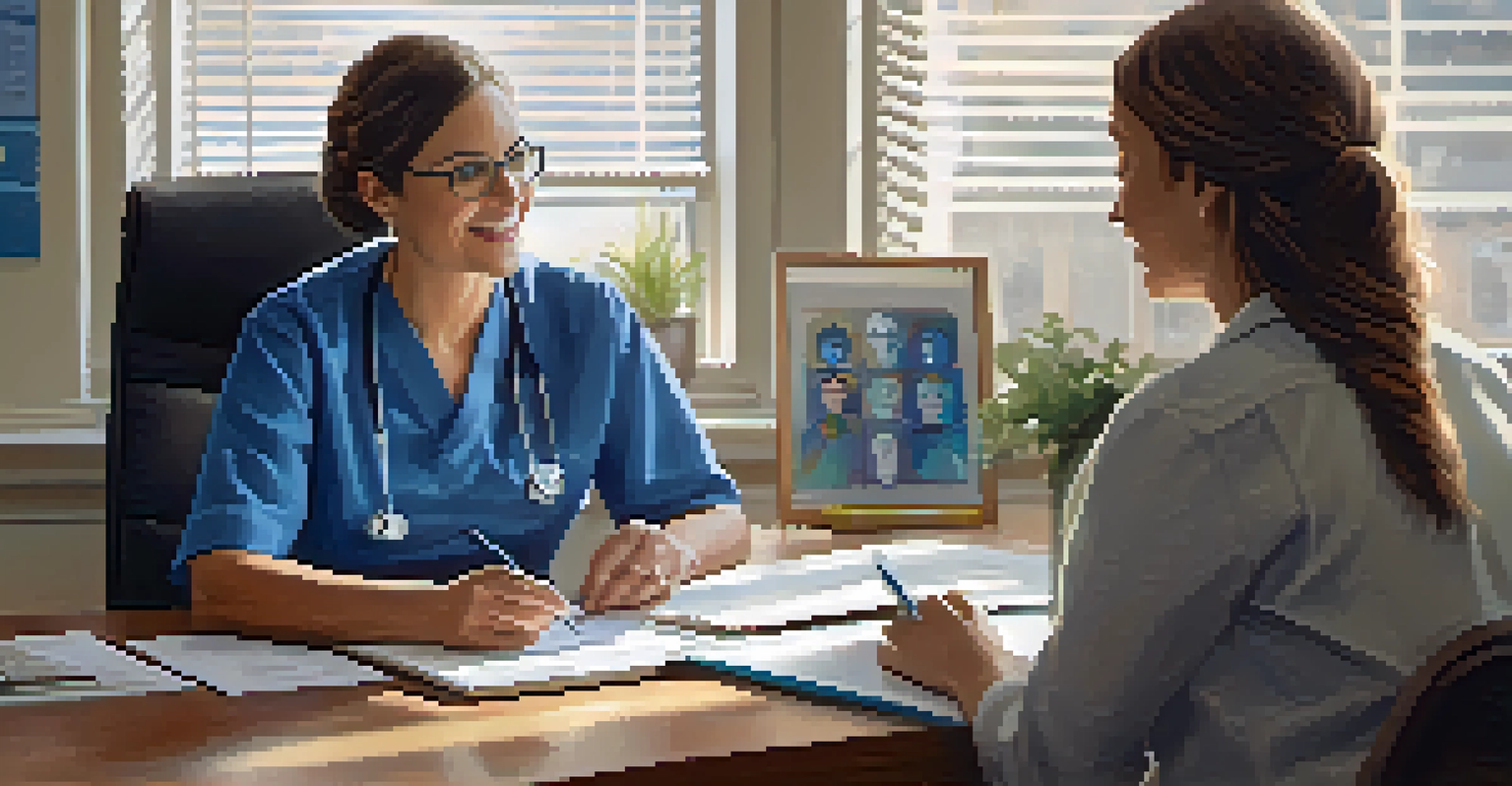 A genetic counselor at her desk discussing test results with a patient in a warm, welcoming office.