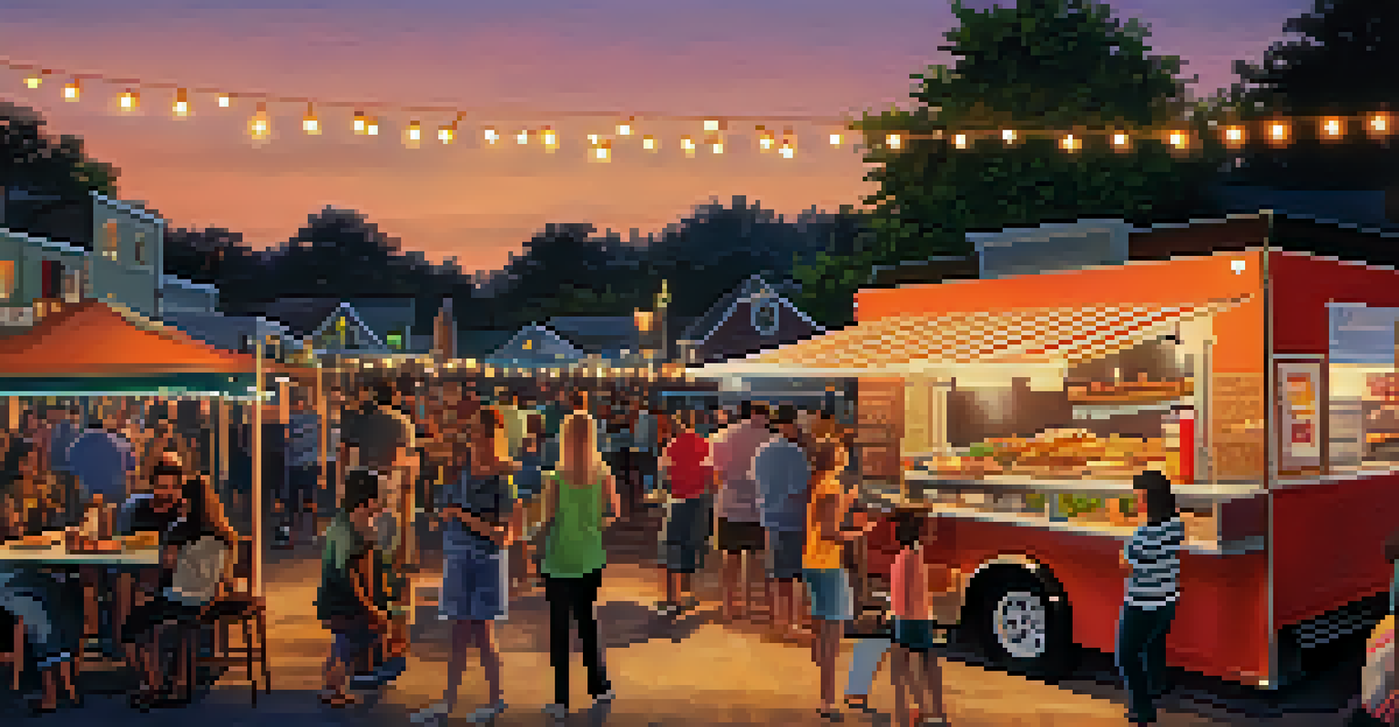 An evening food truck festival with string lights, featuring various food trucks and people enjoying their meals.