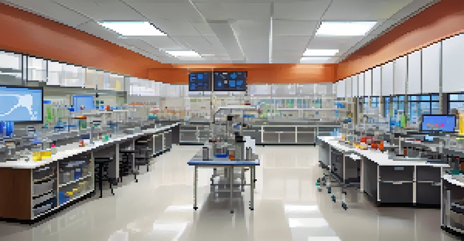 A modern research lab with students and faculty conducting experiments, showcasing innovation and collaboration in higher education.