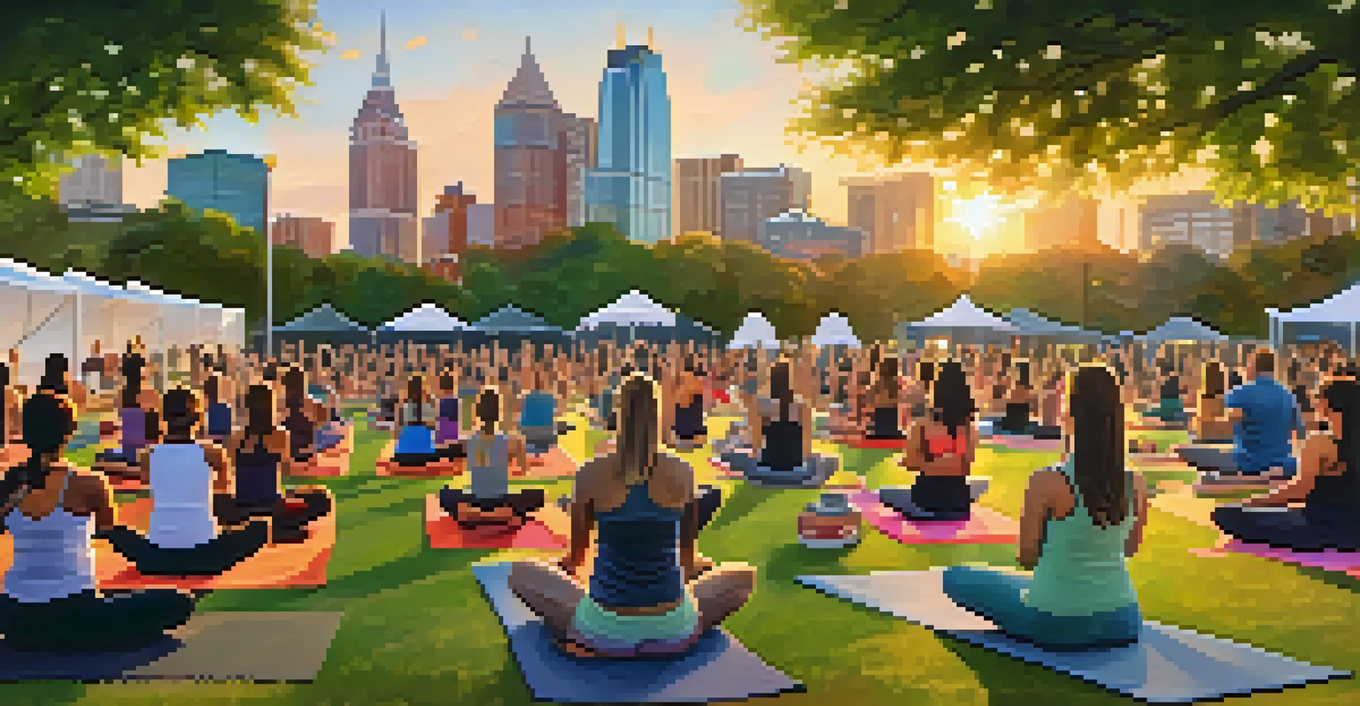 A community yoga class taking place outdoors in a park, with participants practicing yoga poses as the sun sets and city buildings are in the background.