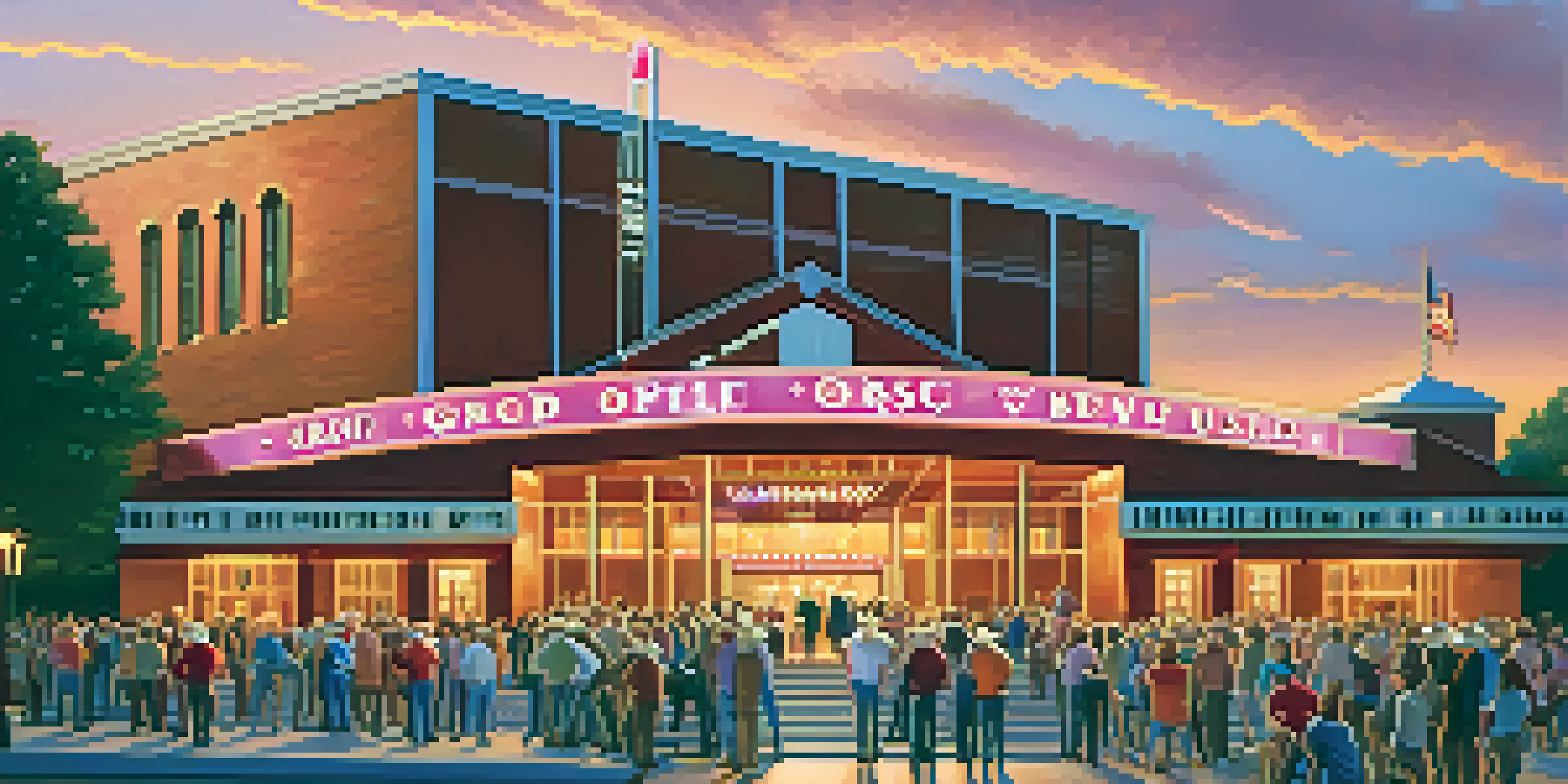 A colorful sunset view of the Grand Ole Opry House with fans in cowboy attire waiting at the entrance.