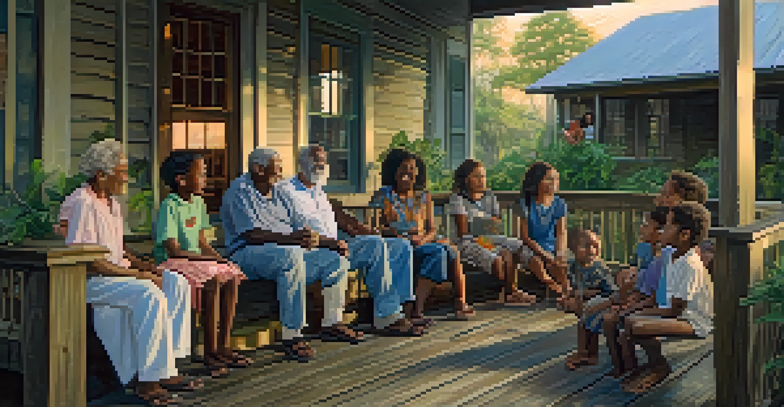 An elder storyteller on a porch sharing stories with an engaged audience of children and adults, surrounded by plants in soft evening light.