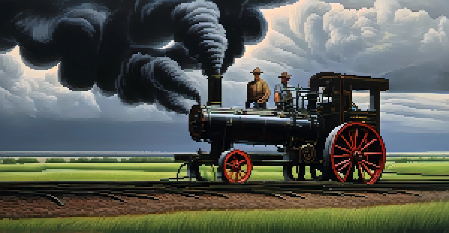 A strong man named John Henry standing beside a steam drill in a Southern landscape, symbolizing perseverance and hard work.