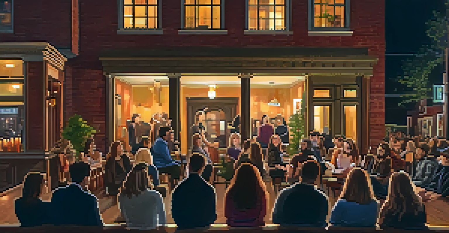 An intimate music venue in Nashville during fall, with a singer-songwriter performing and warm lighting enhancing the cozy vibe.