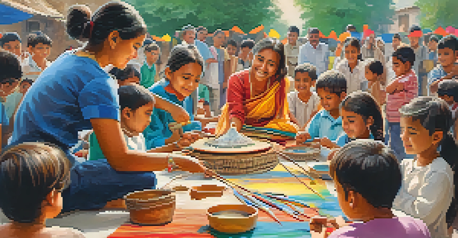 Children participating in a craft workshop at a festival, learning from an artisan.
