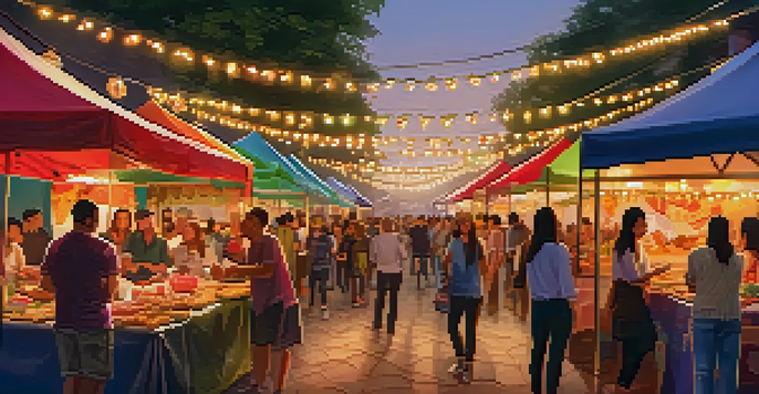 A lively food festival with colorful stalls, people enjoying food, and warm sunset lighting.