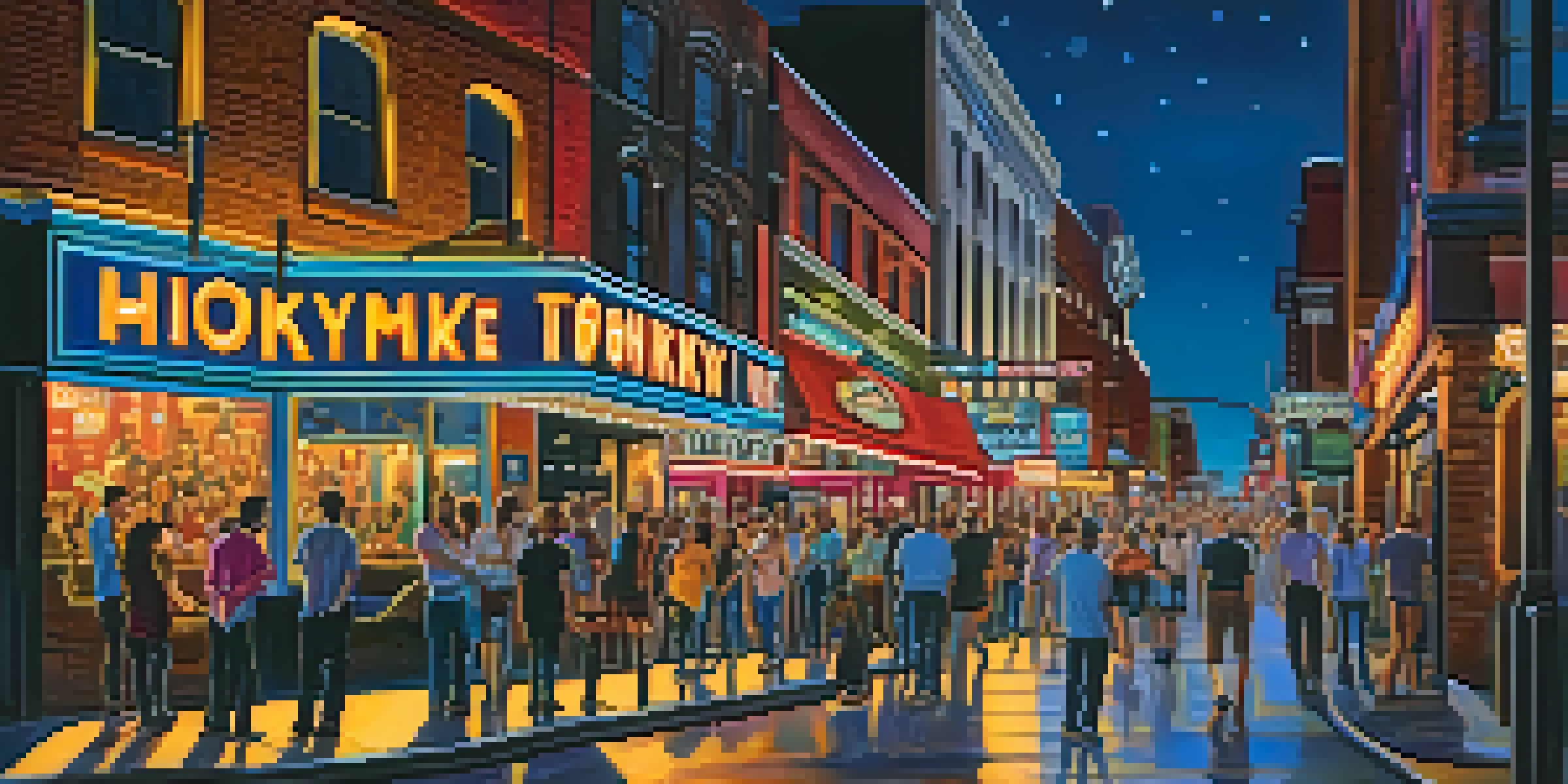 A bustling night scene on Broadway in Nashville, featuring colorful neon lights, people enjoying music, and lively honky-tonk bars.