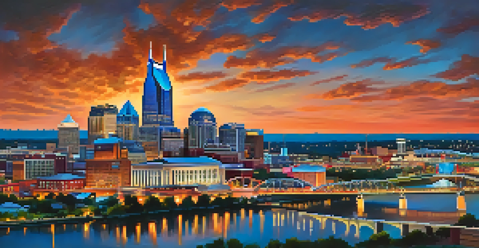Aerial view of Nashville's skyline at dusk, featuring the AT&T Building and the glowing downtown area with the Cumberland River.