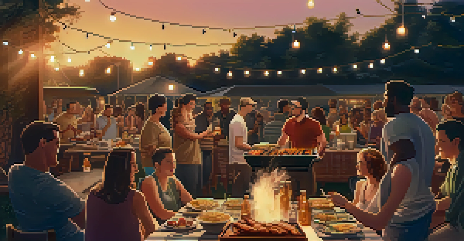 An outdoor barbecue with friends around a picnic table, enjoying barbecue dishes and sides, with a grill in the background and sunset lighting.