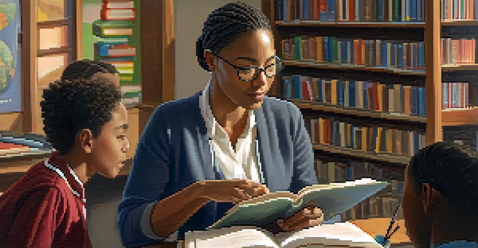 A diverse teacher interacting with students in a warmly lit classroom full of diverse books.