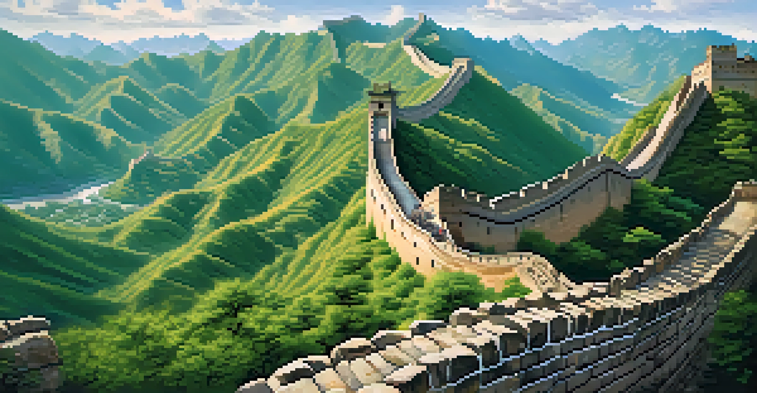 Aerial view of the Great Wall of China winding through green mountains with hikers.