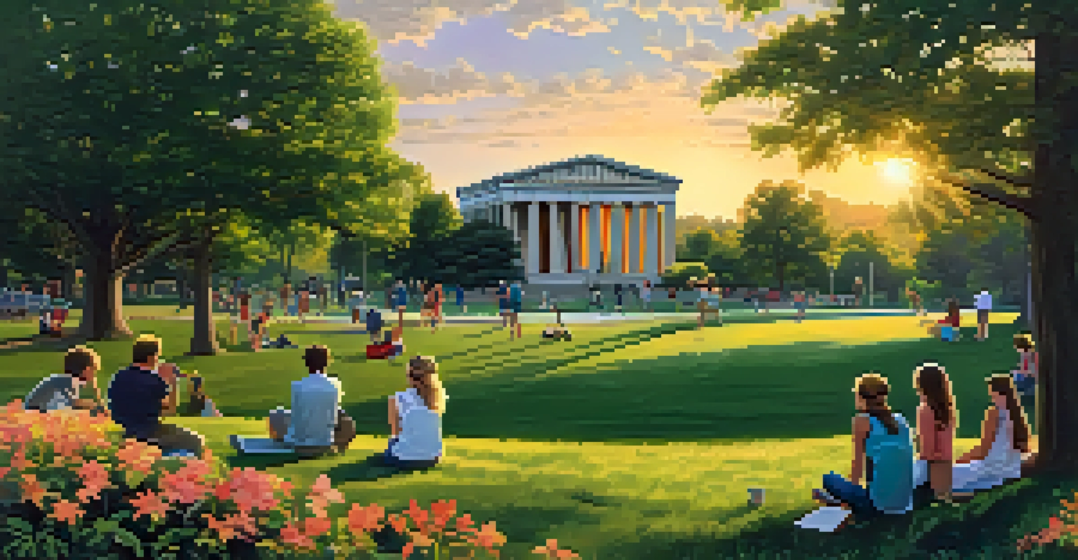 Centennial Park in Nashville with the Parthenon replica and students relaxing on the grass.
