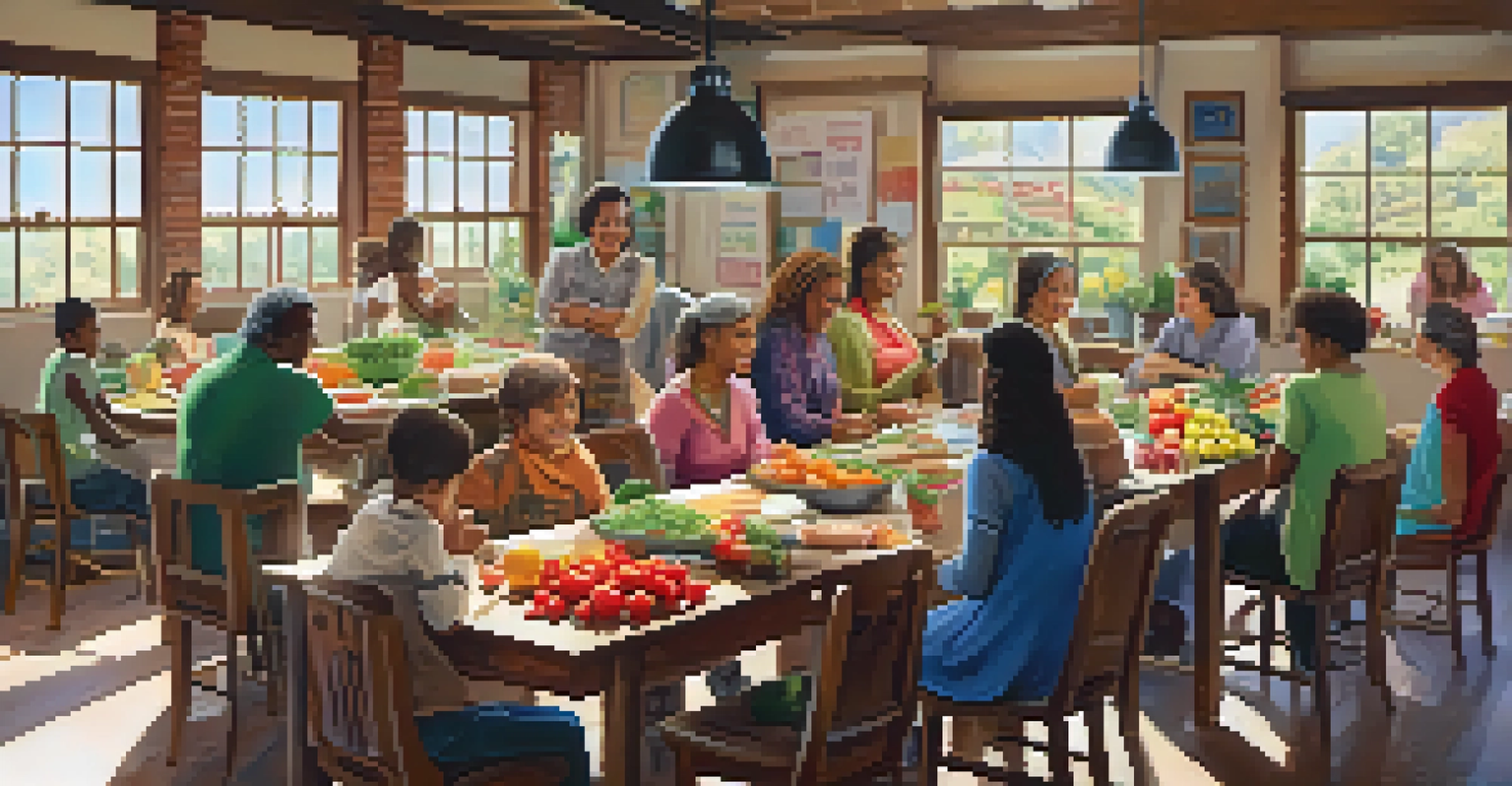 A group of people learning about nutrition in a warm community workshop, with fresh produce and an instructor leading the class.