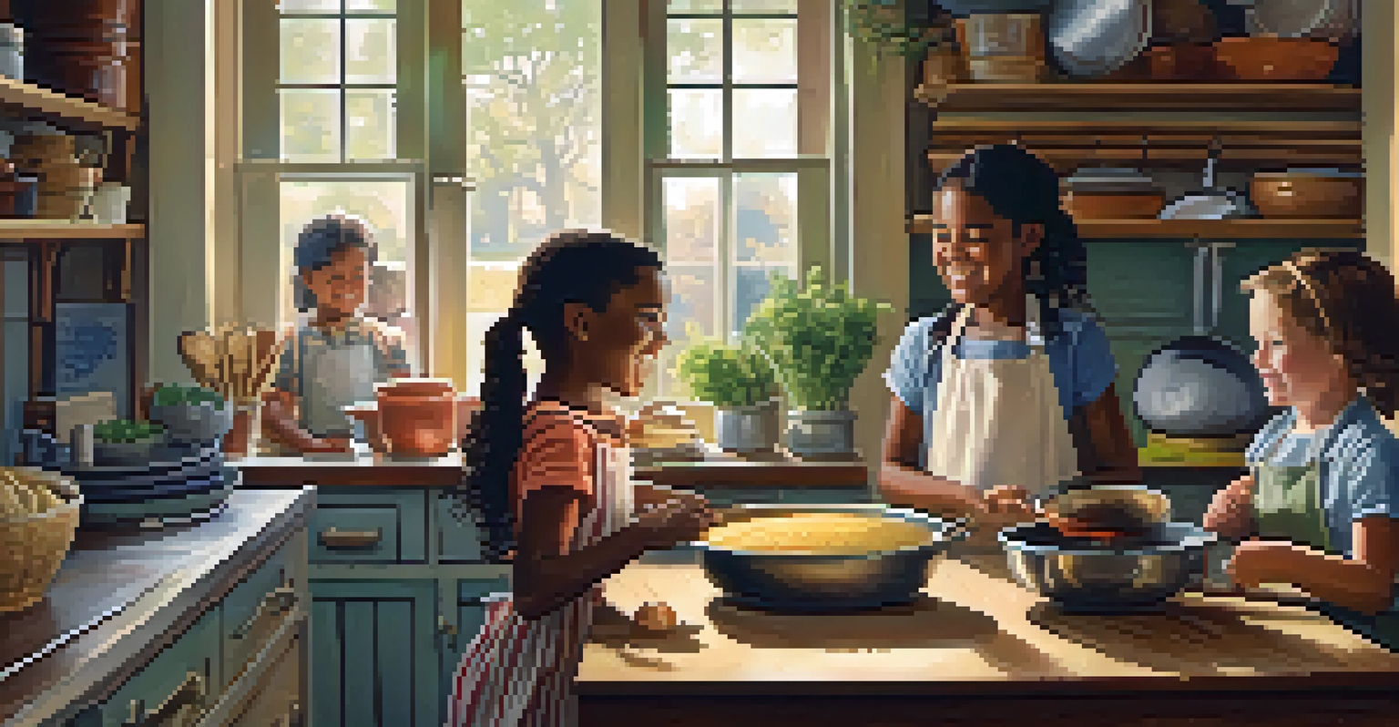 Children in a rustic Southern kitchen learning to cook traditional dishes, surrounded by vintage cooking utensils and warm lighting.