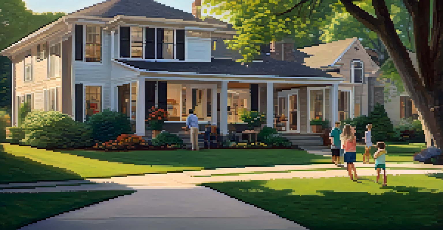 A peaceful suburban neighborhood near Nashville with spacious homes and a family playing in the yard, showcasing remote work lifestyle.