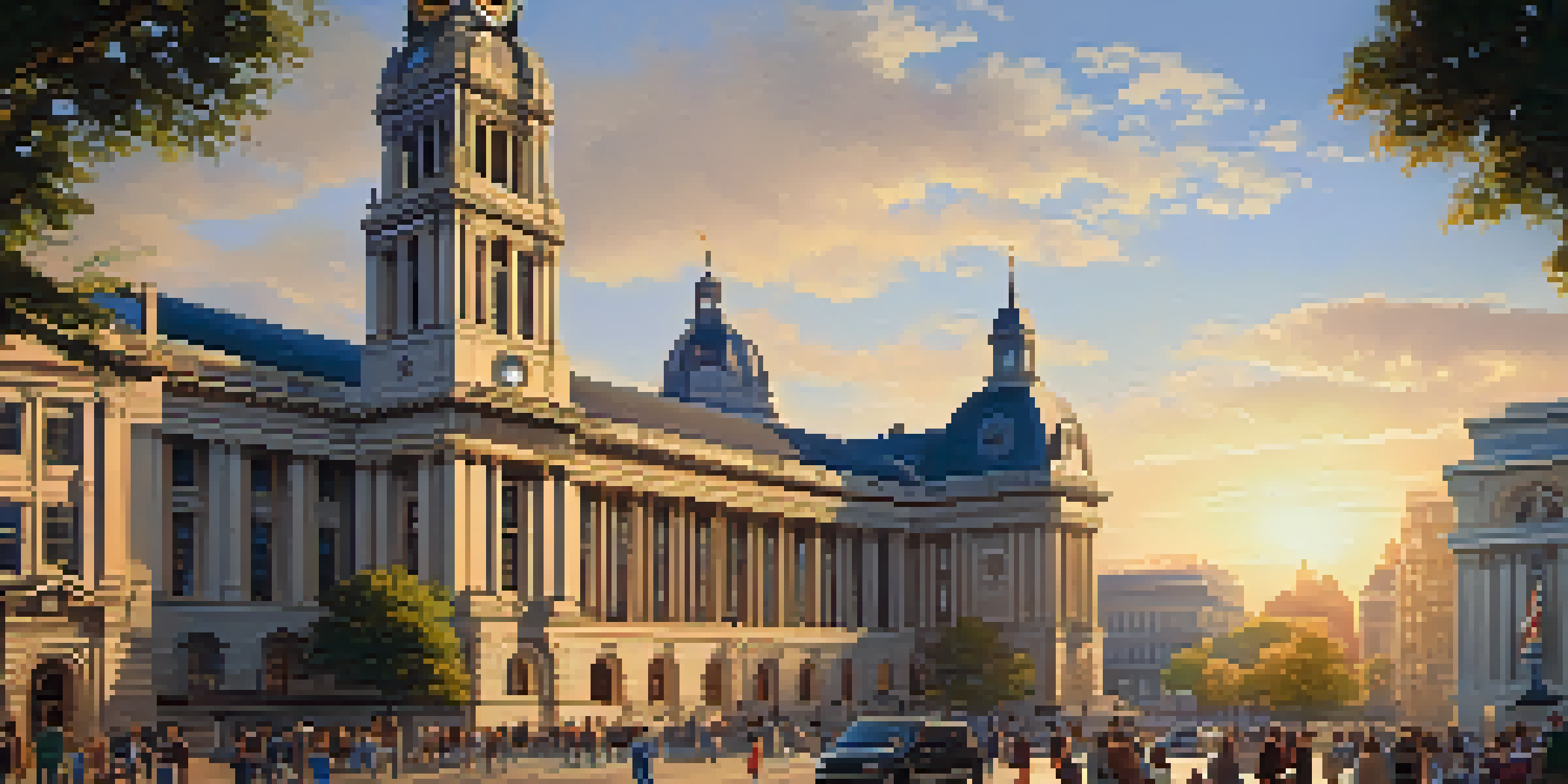 A grand City Hall with intricate sculptures and a towering clock tower, surrounded by a lively plaza filled with people during golden hour.