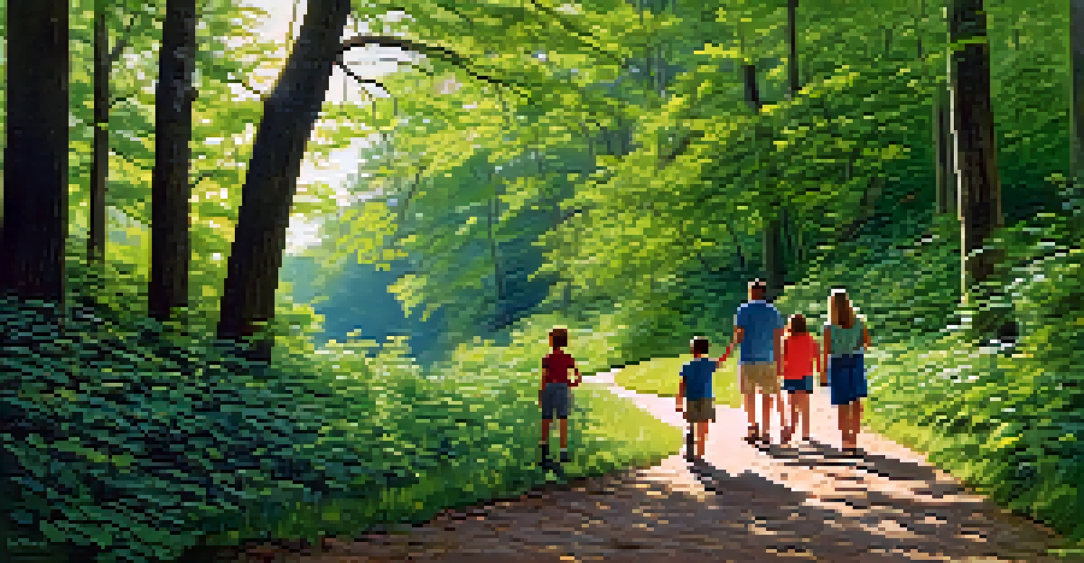 A family hiking on a nature trail, surrounded by trees and enjoying the outdoors.