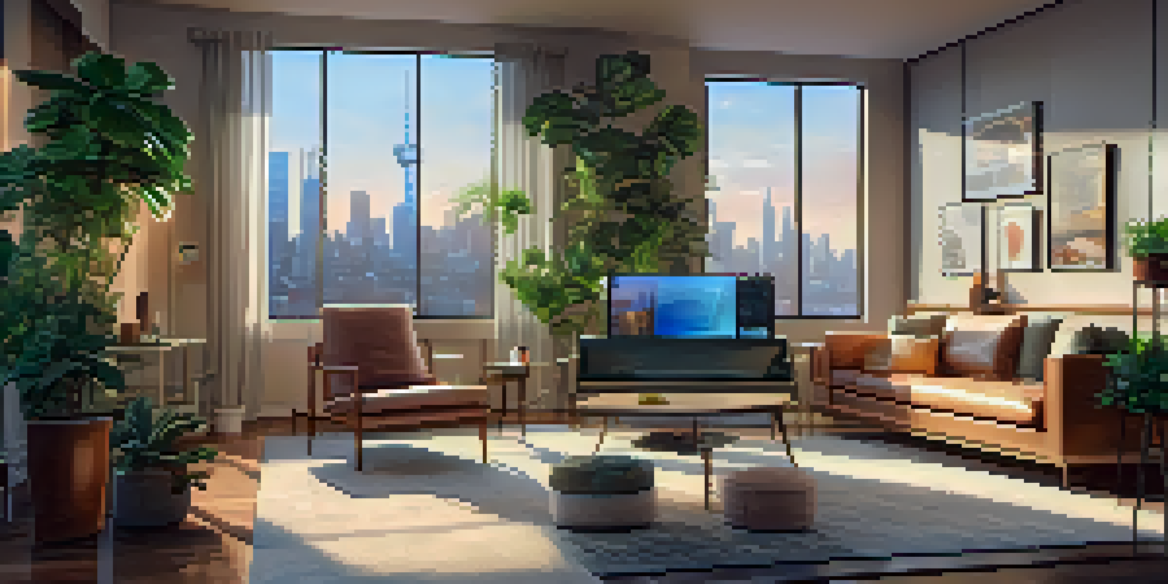 A person sitting in a stylish urban living room consulting a doctor through a telemedicine screen, with a city skyline visible outside the window.