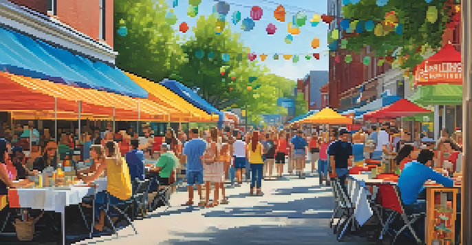 A lively outdoor food festival in Nashville with colorful food trucks and students enjoying meals.