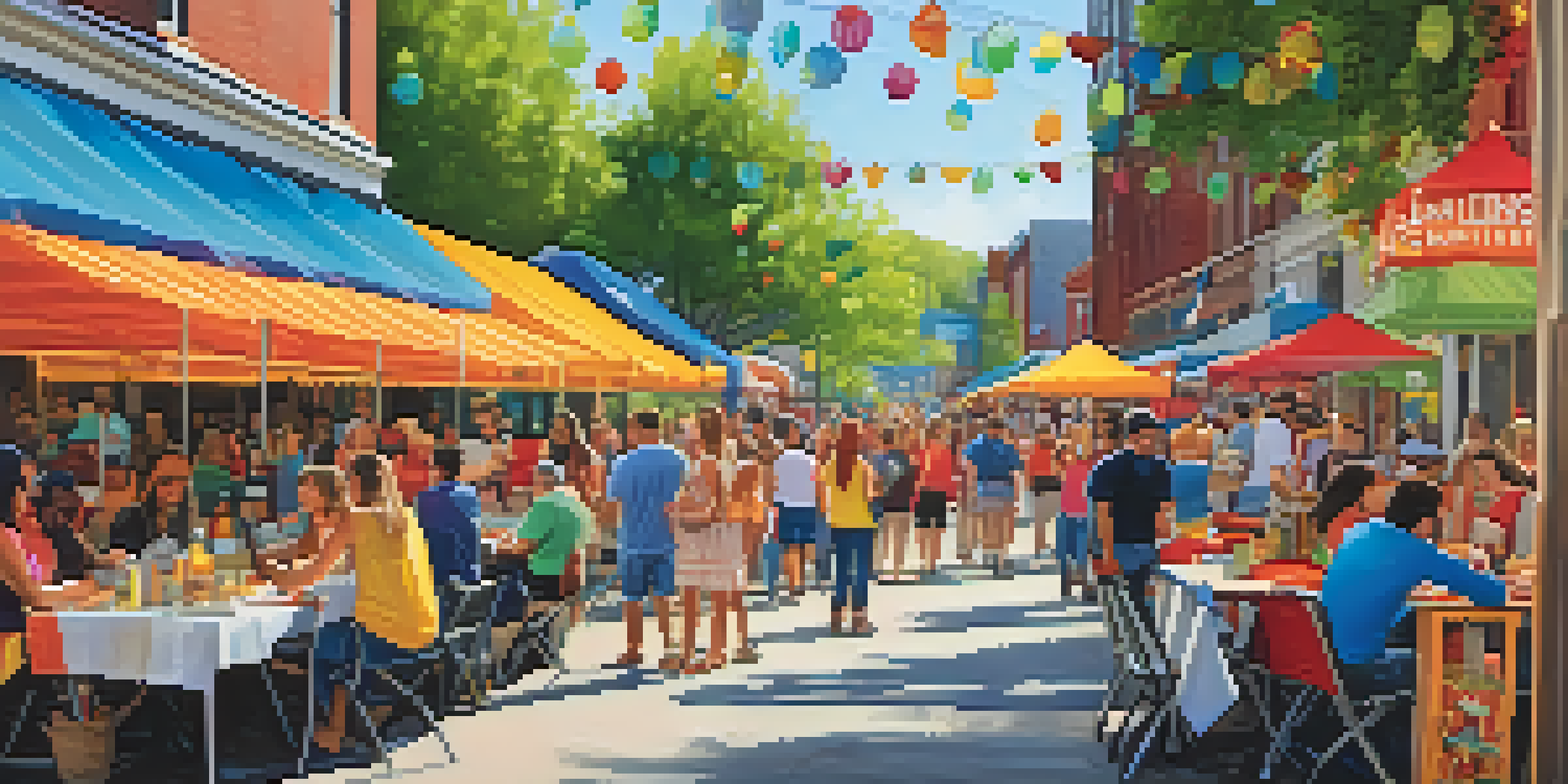 A lively outdoor food festival in Nashville with colorful food trucks and students enjoying meals.