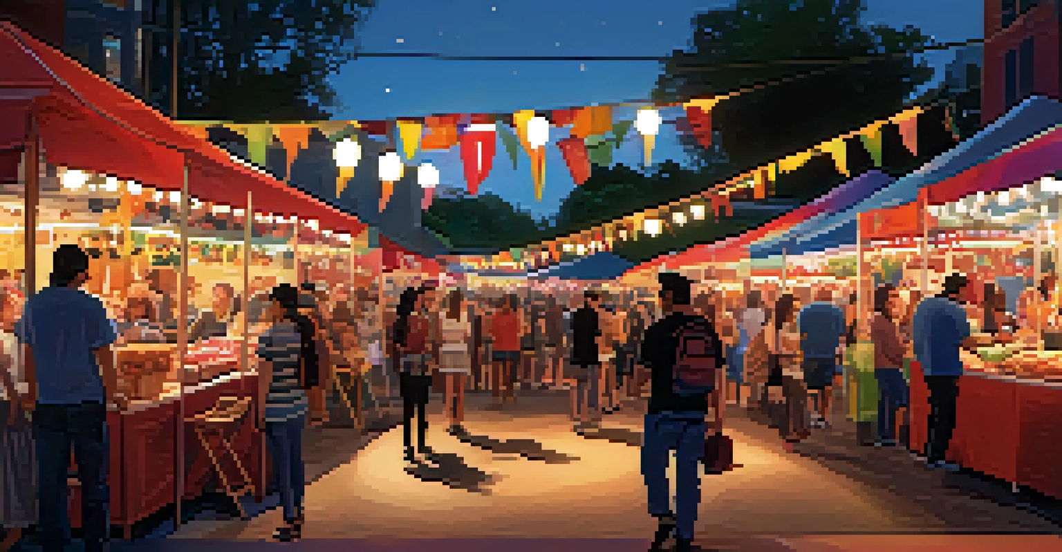 A festival with art installations and food vendors, where people are exploring and enjoying the ambiance.