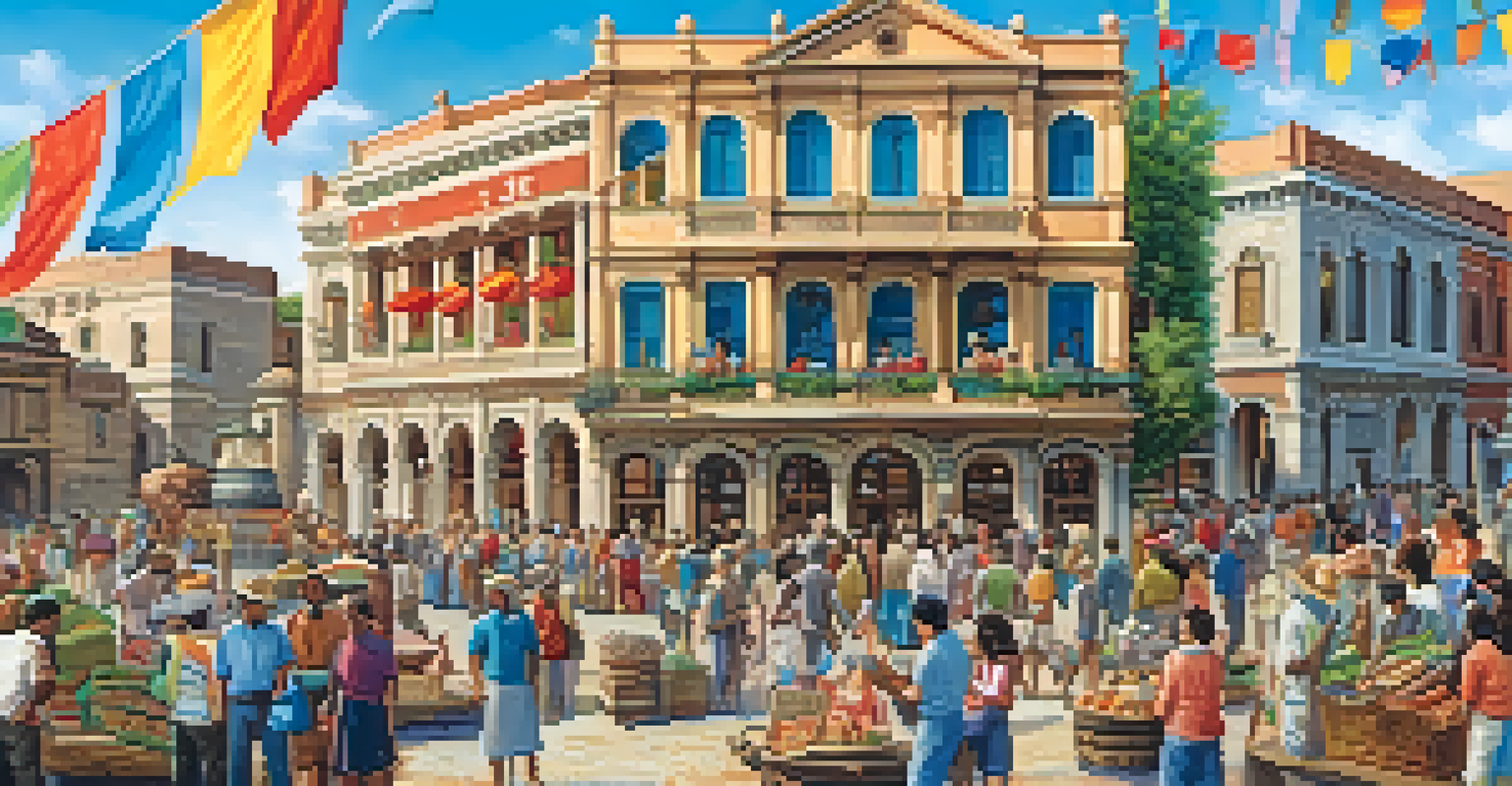 A community event in front of a historic landmark with people and artisans celebrating cultural heritage.