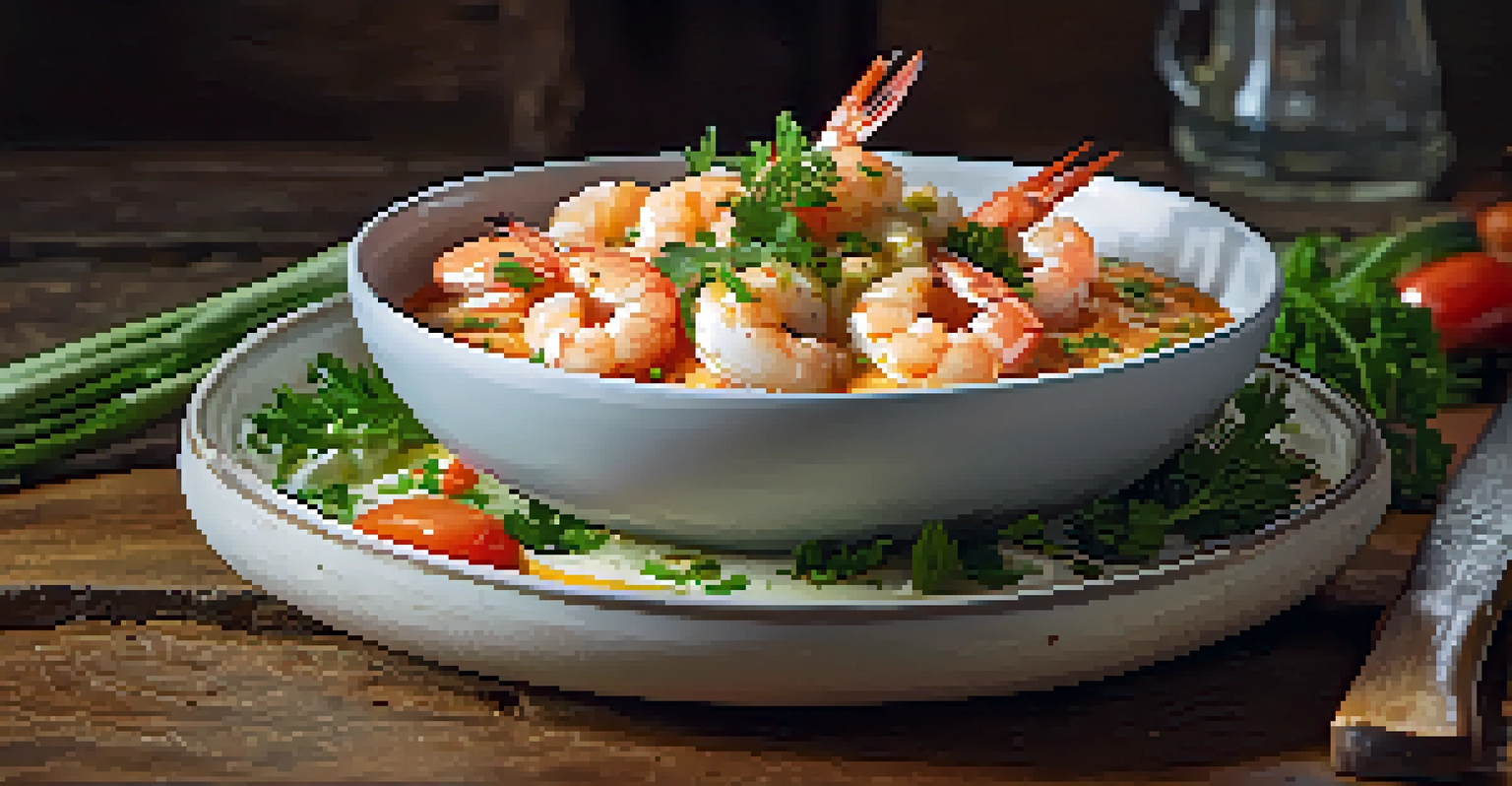 A detailed view of a modern shrimp and grits dish, elegantly plated with fresh herbs and seasonal vegetables.