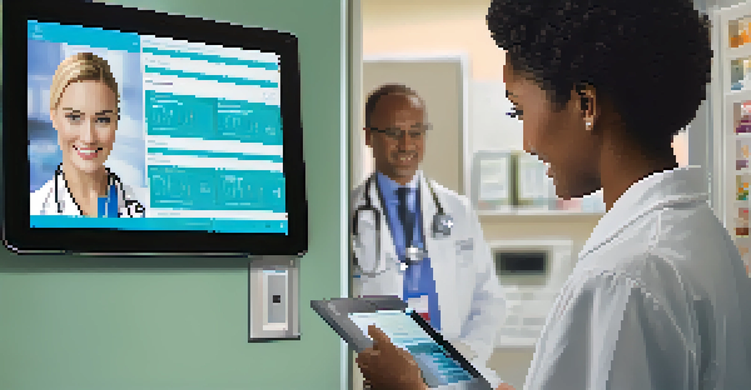 A healthcare professional smiling while using a tablet for telemedicine in a clinic room filled with medical equipment.