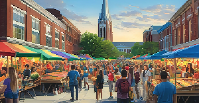 A lively college campus scene in Nashville with students participating in community activities, surrounded by colorful decorations and buildings.