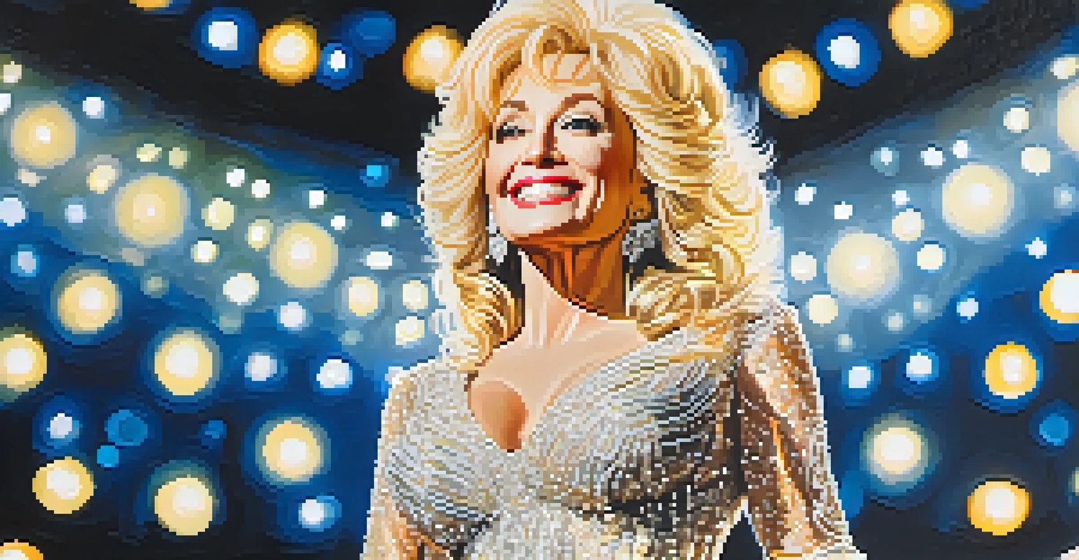 A close-up of Dolly Parton on stage, wearing a sparkling dress and smiling, with warm lights in the background.