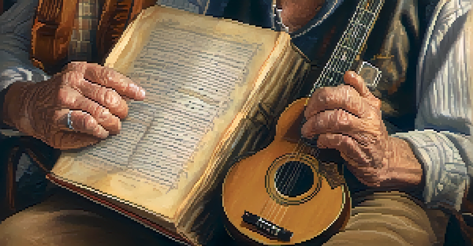An elderly storyteller's hands holding a book with musical instruments in the background.
